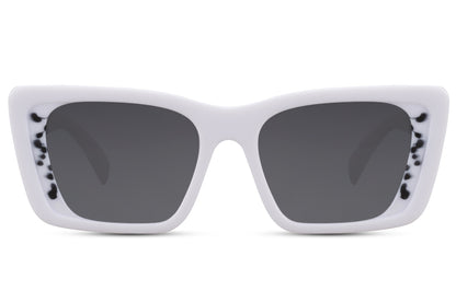 White frame eco bold beach party sunglasses with smoke lens — tonal minimal sustainable eyewear for women, the clean white thick-frame that photographs brilliantly against blue skies and coastal backdrops, free delivery UK & Europe