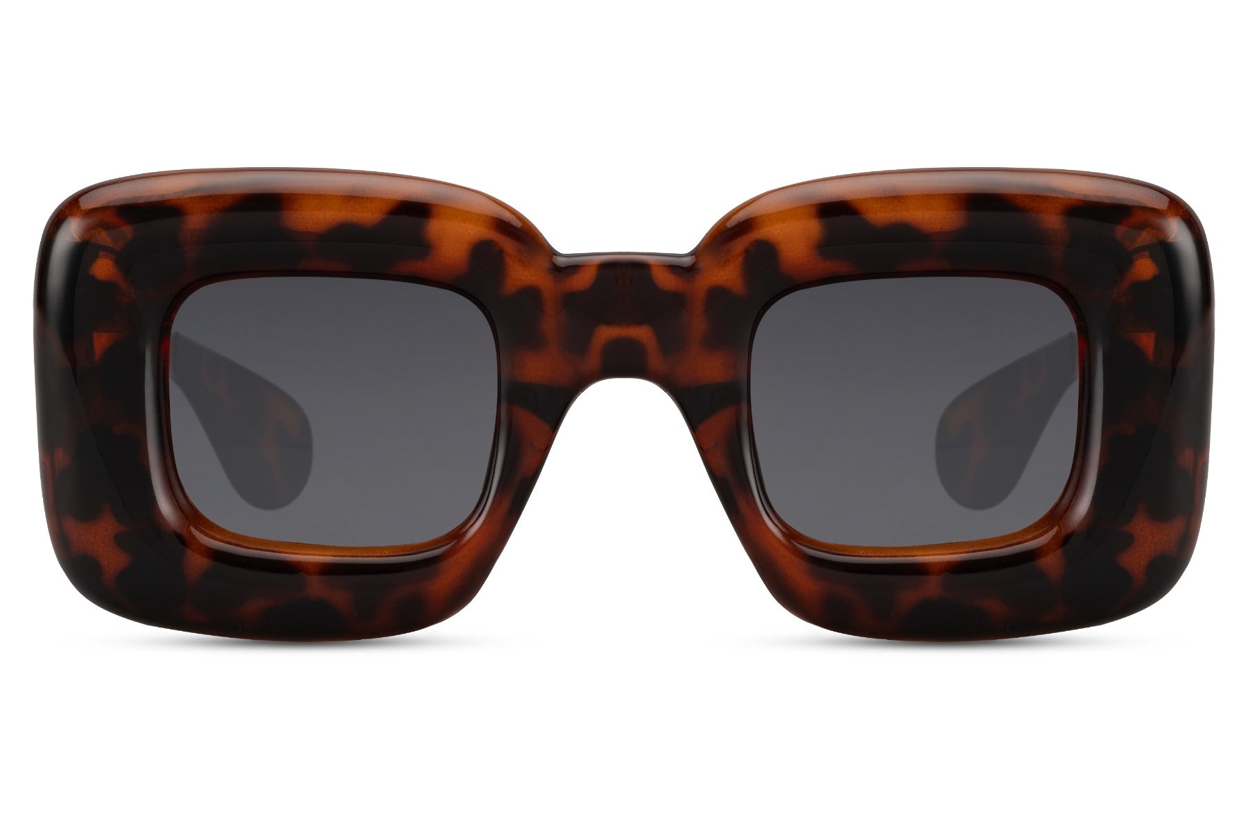 Brown animal print eco bold frame party sunglasses — thick chunky rectangle with wild-coded print, warm 70s Riviera glamour in sustainable recycled polyester, the print frame for women who colour outside the lines, free delivery UK & Europe