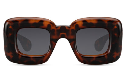 Brown animal print eco bold frame party sunglasses — thick chunky rectangle with wild-coded print, warm 70s Riviera glamour in sustainable recycled polyester, the print frame for women who colour outside the lines, free delivery UK & Europe