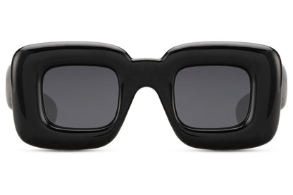 Black eco bold frame party sunglasses — thick chunky rectangle in 100% recycled polyester, 6cm wide lens with 6cm height, the sustainably built statement frame that reads designer-coded without the designer price, UV400