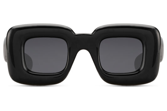 Black eco bold frame party sunglasses — thick chunky rectangle in 100% recycled polyester, 6cm wide lens with 6cm height, the sustainably built statement frame that reads designer-coded without the designer price, UV400