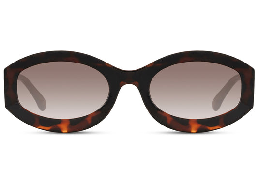 Eco bold oval sunglasses with brown tortoiseshell animal print polycarbonate frame and brown gradient 100% recycled UV protection lens – sustainable geometric retro round shades for everyday wear and festivals, free delivery across UK and Europe from Sunglass Station
