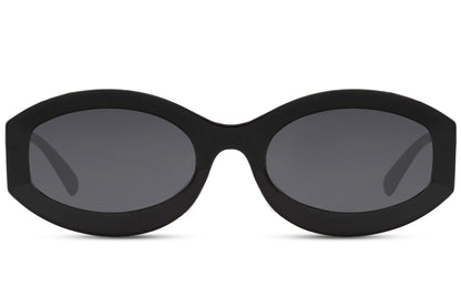 Eco bold oval sunglasses with black polycarbonate frame and smoke black 100% recycled UV protection lens – sleek minimalist geometric retro shades for everyday city wear and street style, free delivery across UK and Europe from Sunglass Station