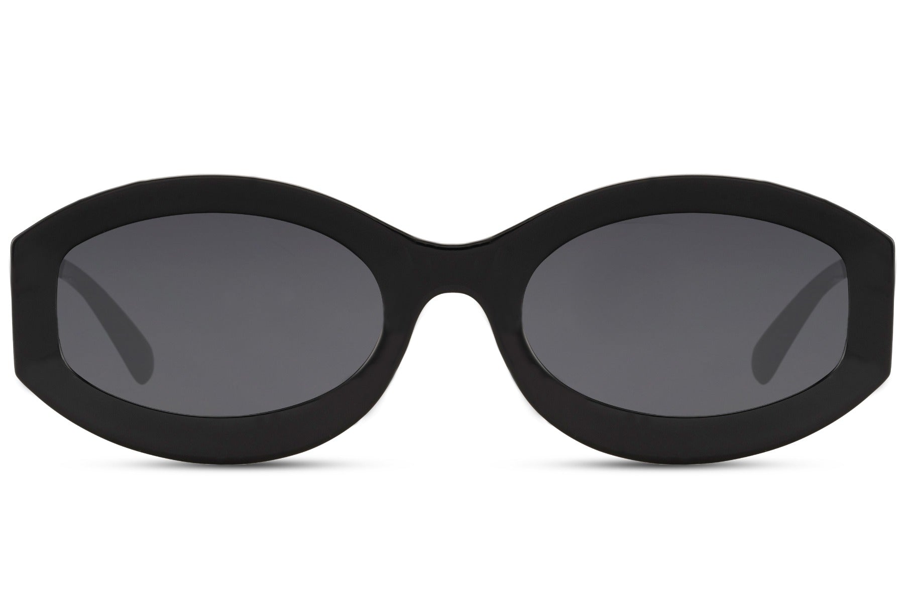 Eco bold oval sunglasses with black lightweight polycarbonate frame and dark smoke 100% recycled UV protection lens – bold minimalist retro round shades for going out and urban street style, Sunglass Station free UK and Europe shipping