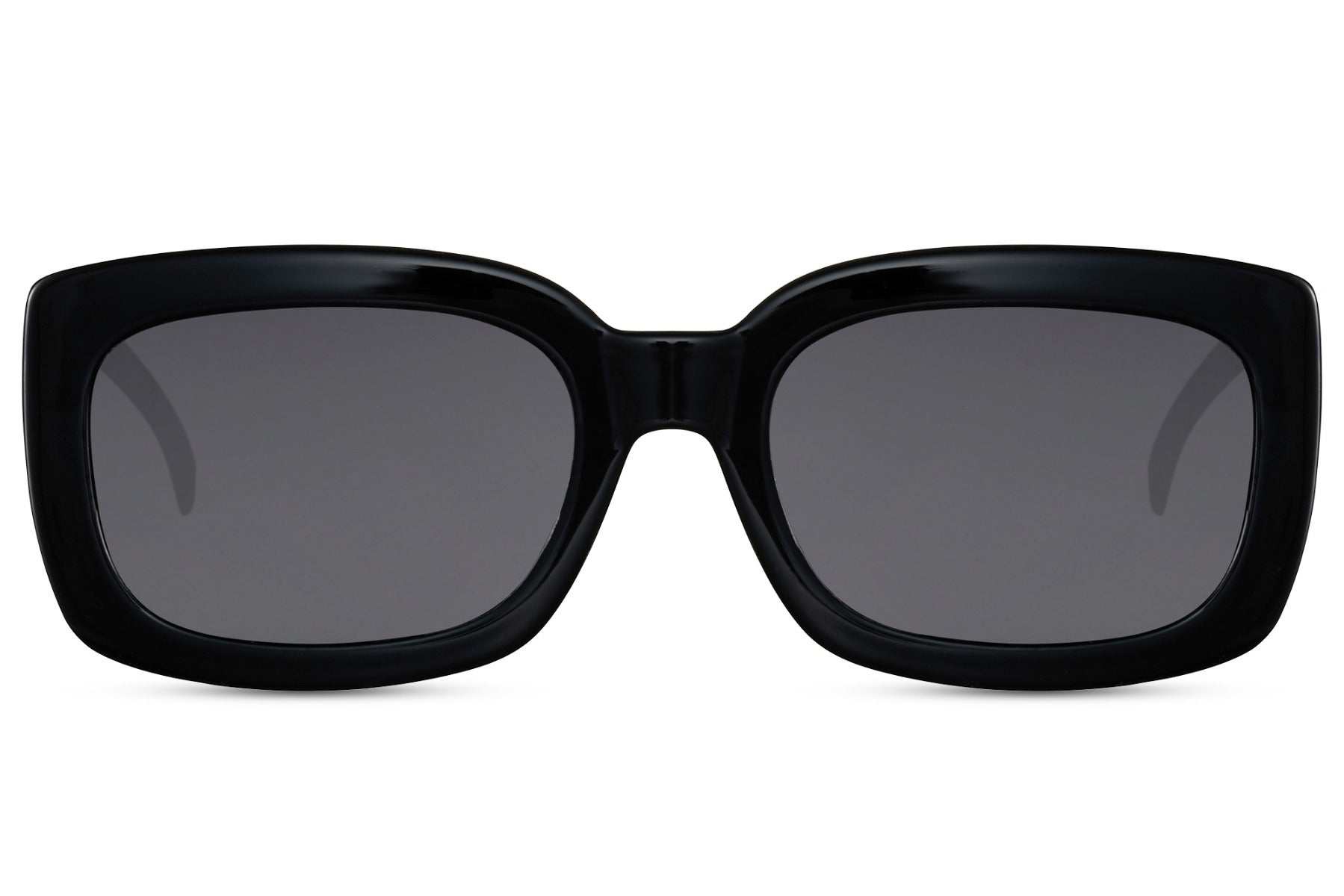 Black eco bold rectangle party sunglasses in 100% recycled polyester — chunky low-profile silhouette with 5.2cm lens and 5cm height, the sustainably built statement rectangle for men and women who dress with conviction, UV400