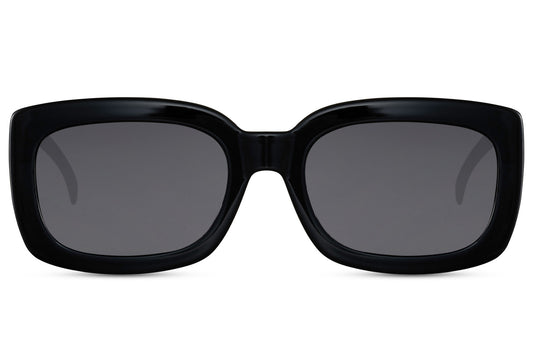 Black eco bold rectangle party sunglasses in 100% recycled polyester — chunky low-profile silhouette with 5.2cm lens and 5cm height, the sustainably built statement rectangle for men and women who dress with conviction, UV400