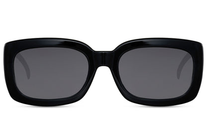 Darker profile of black eco bold rectangle party sunglasses — chunky sustainable rectangle at full 14cm width, bold party eyewear for festival season and city dressing in 100% recycled polyester, free delivery UK & Europe