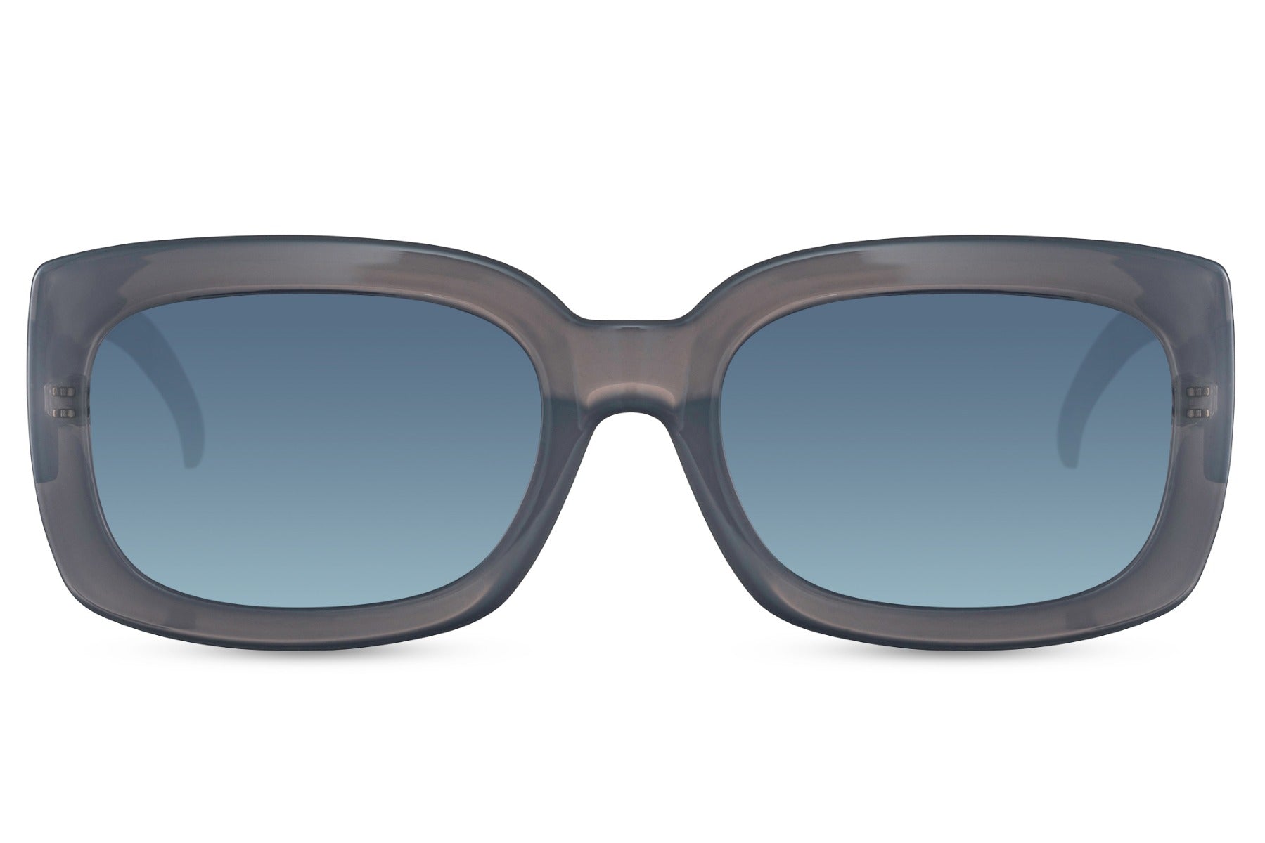 blue frame eco bold rectangle party sunglasses with blue gradient lens — the chromatic colourway that carried the European blue lens trend into its most accessible sustainable form, UV400 recycled polyester | Sunglass Station