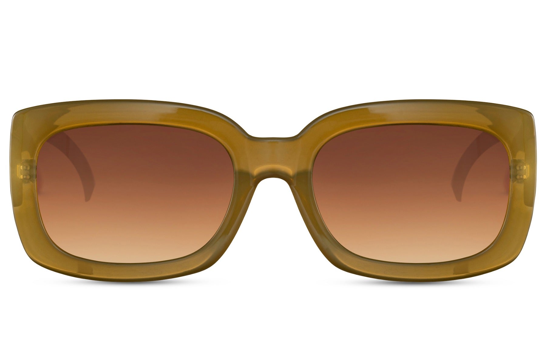 Gold honey frame eco bold rectangle party sunglasses with amber lens — warm Mediterranean colourway in 100% recycled polyester, the Amalfi-coded sustainable rectangle for women who dress like the destination, free delivery UK & Europe | Sunglass Station