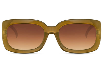 Gold honey frame eco bold rectangle party sunglasses with amber lens — warm Mediterranean colourway in 100% recycled polyester, the Amalfi-coded sustainable rectangle for women who dress like the destination, free delivery UK & Europe | Sunglass Station