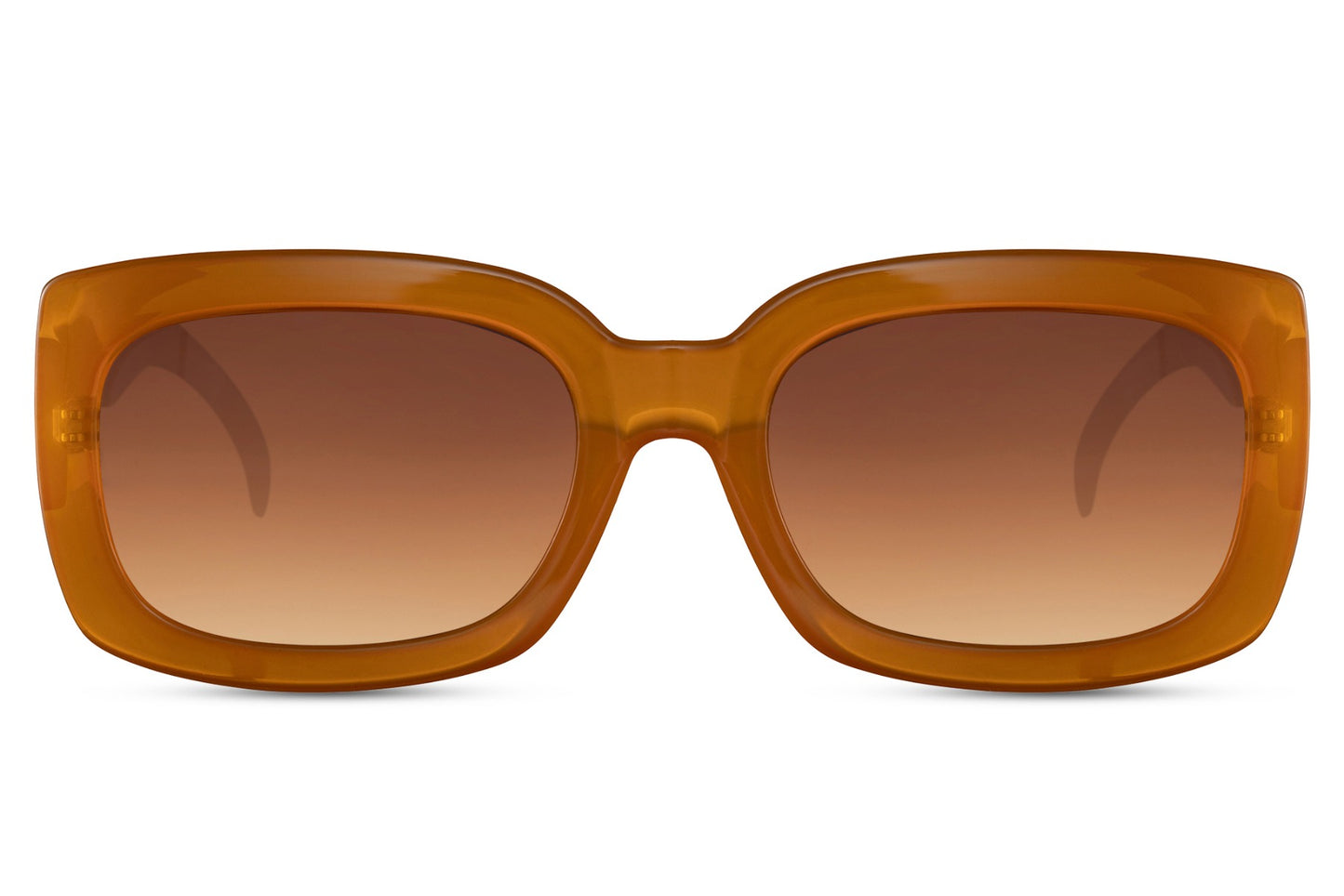 Orange frame eco bold rectangle party sunglasses with warm brown lens — Ibiza golden hour in a sustainable chunky rectangle, the fastest-growing lens colour in European summer search paired with the boldest frame in the eco collection, UV400 | Sunglass Station