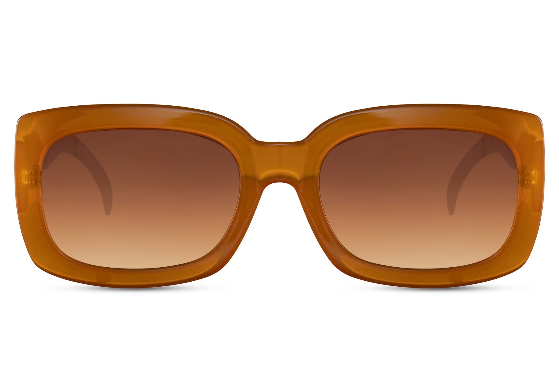 Orange frame eco bold rectangle party sunglasses with warm brown lens — Ibiza golden hour in a sustainable chunky rectangle, the fastest-growing lens colour in European summer search paired with the boldest frame in the eco collection, UV400 | Sunglass Station