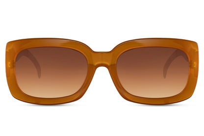 Orange frame eco bold rectangle party sunglasses with warm brown lens — Ibiza golden hour in a sustainable chunky rectangle, the fastest-growing lens colour in European summer search paired with the boldest frame in the eco collection, UV400 | Sunglass Station