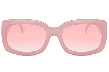Pink rose frame eco bold rectangle party sunglasses with mauve tinted lens — the Parisian colourway in a chunky sustainable silhouette, quiet feminine dressing in recycled polyester for women who edit carefully, UV400