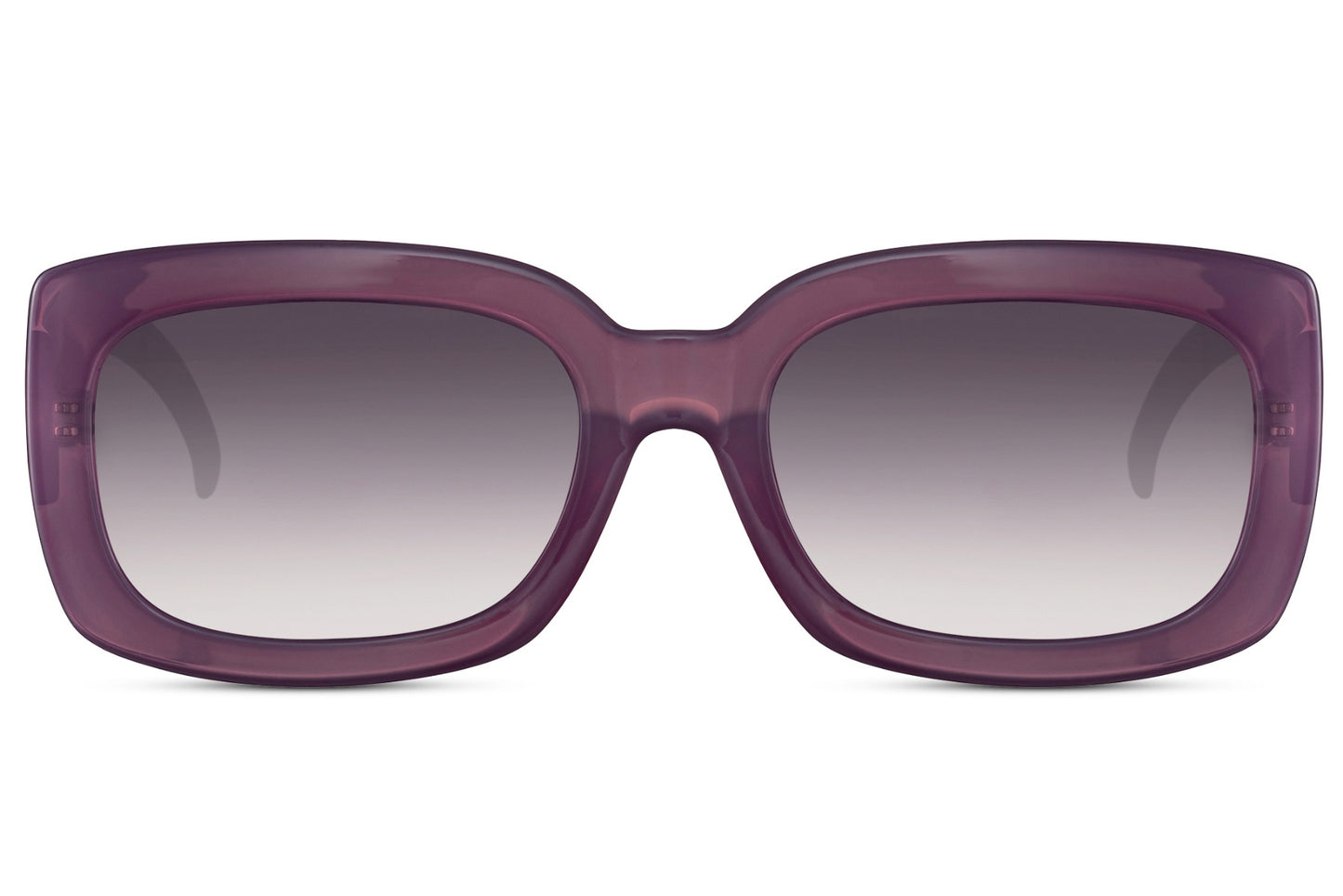 Purple frame eco bold rectangle party sunglasses with purple gradient lens — tonal colour-blocking in sustainable recycled polyester, the Parisian lens tint carried by a chunky rectangle for women who dress with chromatic intention, free delivery UK & Europe