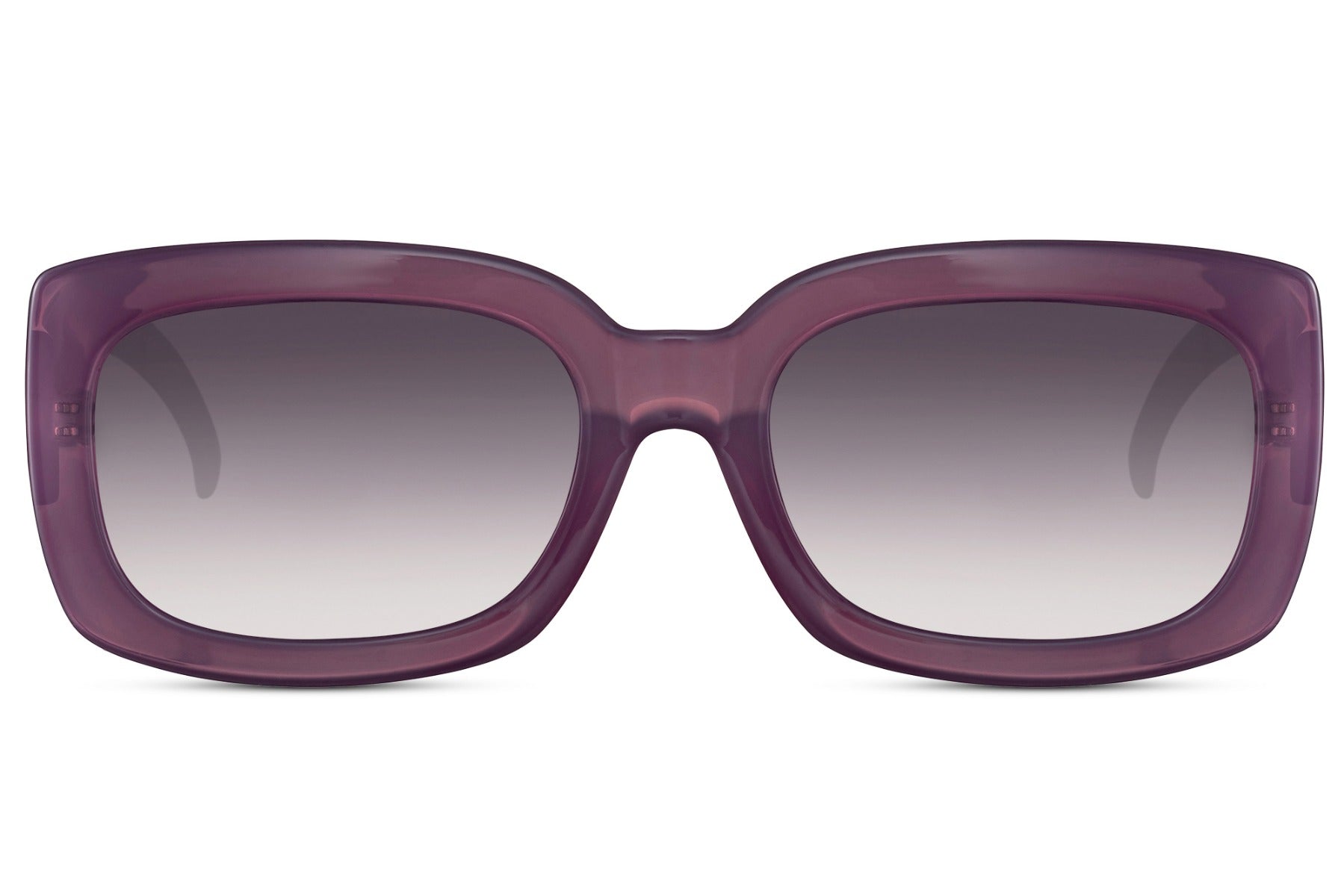 Purple frame eco bold rectangle party sunglasses with purple gradient lens — tonal colour-blocking in sustainable recycled polyester, the Parisian lens tint carried by a chunky rectangle for women who dress with chromatic intention, free delivery UK & Europe