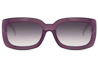 Purple frame eco bold rectangle party sunglasses with purple gradient lens — tonal colour-blocking in sustainable recycled polyester, the Parisian lens tint carried by a chunky rectangle for women who dress with chromatic intention, free delivery UK & Europe