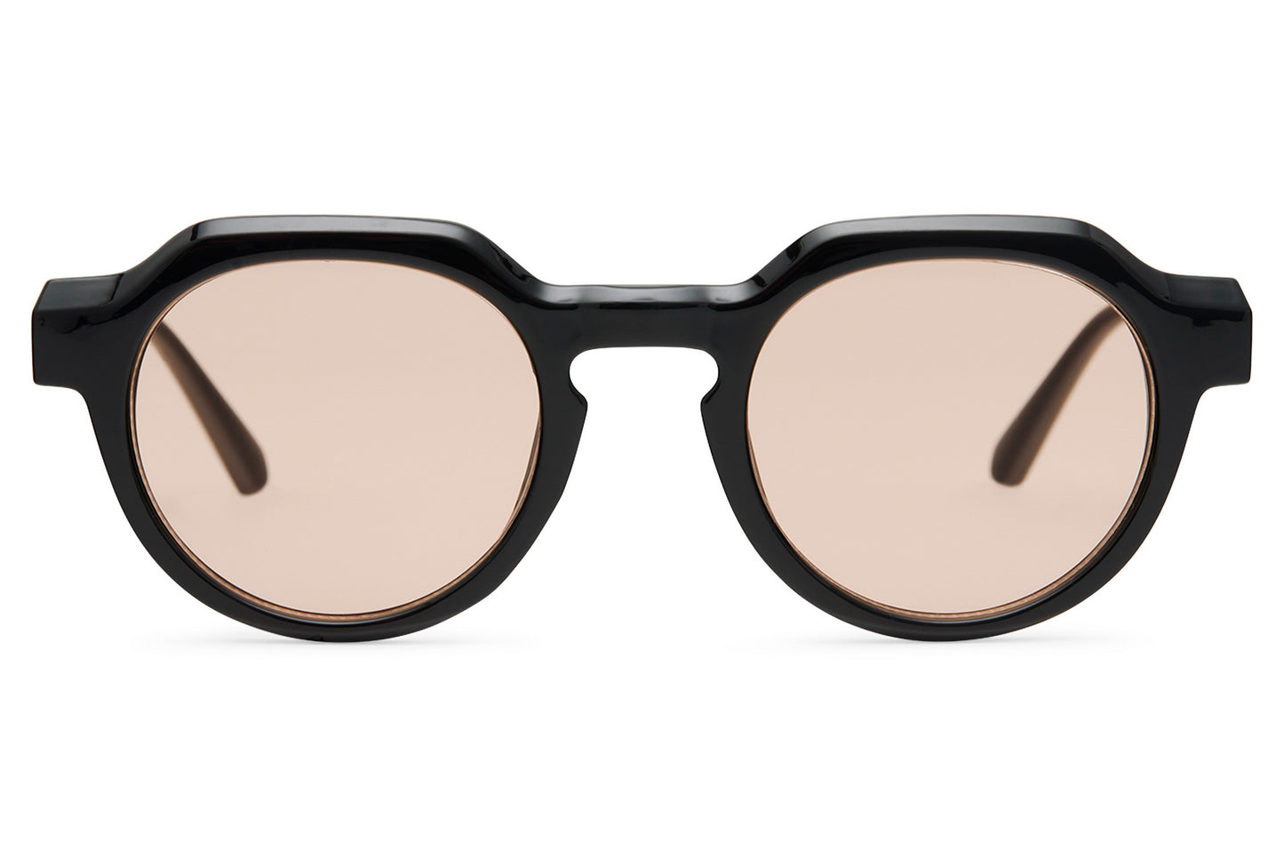 Eco chunky geometric round sunglasses black thick recycled frame nude pink translucent lens UV protection sustainable eco-friendly unisex retro statement eyewear free UK Europe shipping Sunglass Station