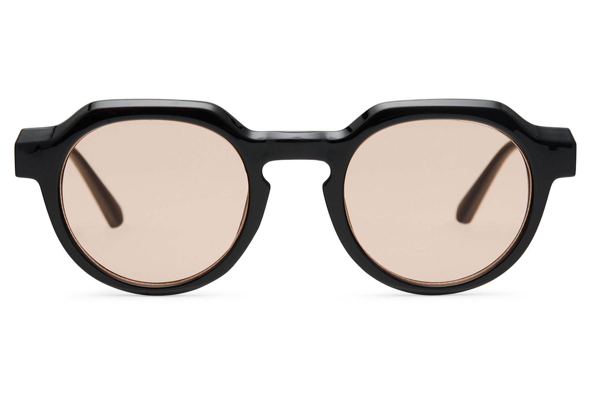 Eco chunky geometric round sunglasses black thick recycled frame nude pink translucent lens UV protection sustainable eco-friendly unisex retro statement eyewear free UK Europe shipping Sunglass Station