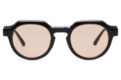 Eco chunky geometric round sunglasses black thick recycled frame nude pink translucent lens UV protection sustainable eco-friendly unisex retro statement eyewear free UK Europe shipping Sunglass Station