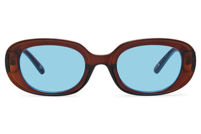 Eco chunky oval sunglasses for women with burgundy red recycled polyester frame and blue tinted polycarbonate lens – bold colourful retro shades for festivals and summer, Sunglass Station free UK and Europe delivery