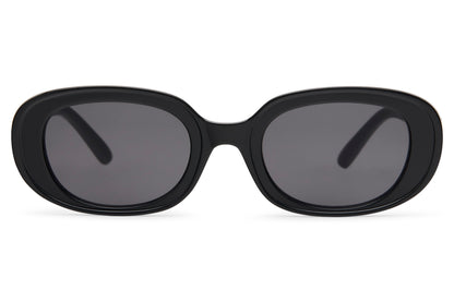 Eco chunky oval sunglasses for women with black recycled polyester frame and smoke grey polycarbonate lens – sustainable thick frame retro shades for everyday wear, free delivery across UK and Europe from Sunglass Station
