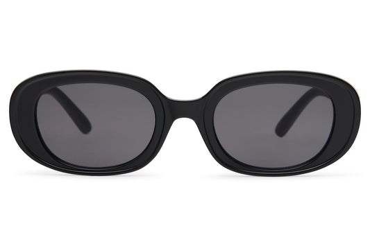 Eco chunky oval sunglasses for women with black recycled polyester frame and smoke grey polycarbonate lens – sustainable thick frame retro shades for everyday wear, free delivery across UK and Europe from Sunglass Station
