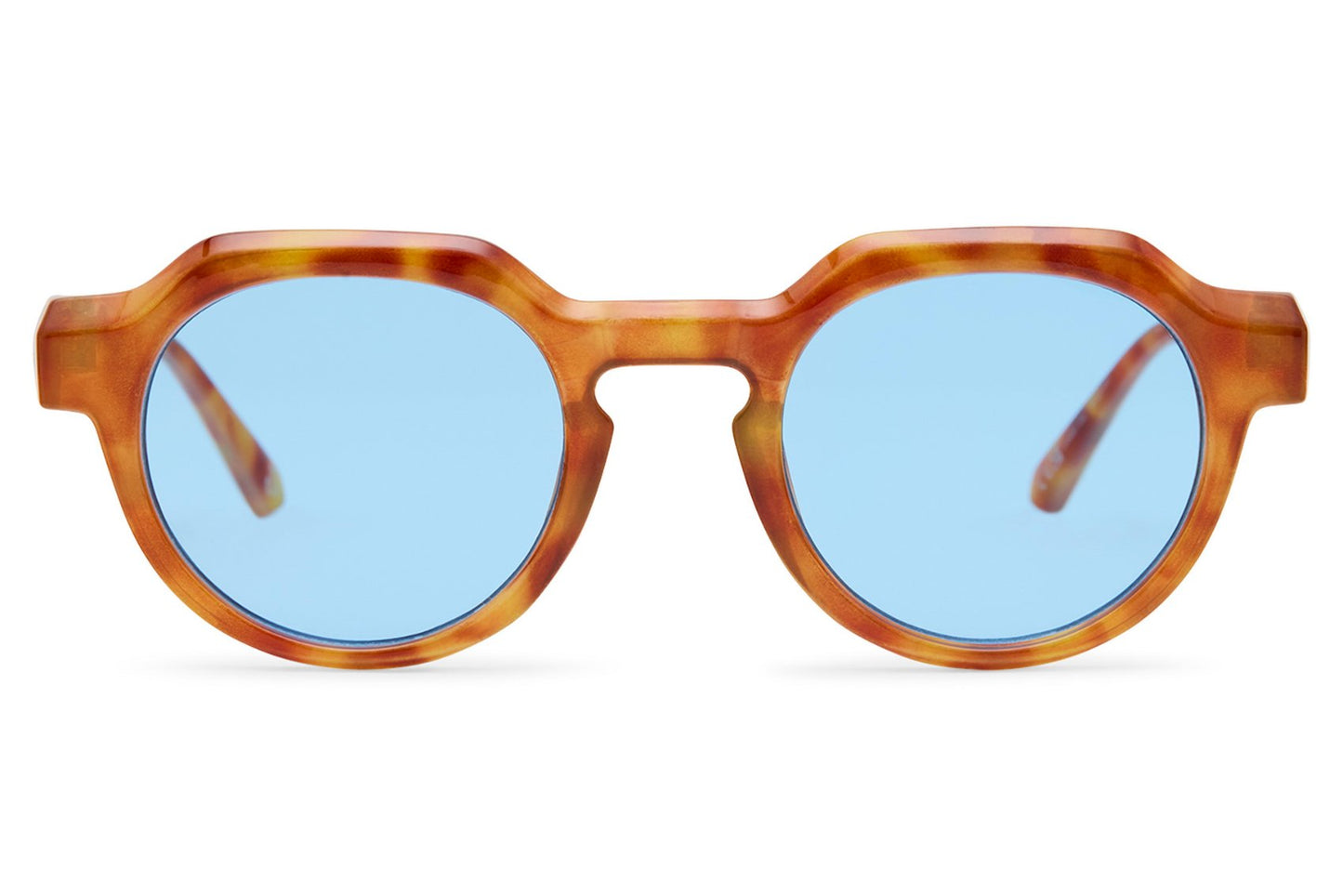 Eco chunky round geometric sunglasses tortoiseshell recycled polyester frame blue translucent lens UV protection sustainable eco-friendly retro bold summer festival city wear free UK Europe delivery Sunglass Station