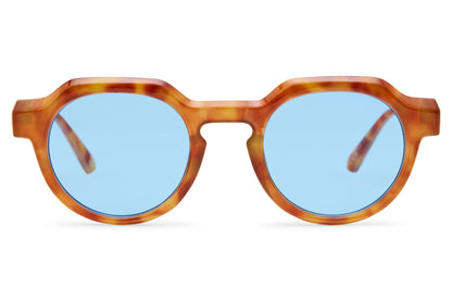 Eco chunky round geometric sunglasses tortoiseshell recycled polyester frame blue translucent lens UV protection sustainable eco-friendly retro bold summer festival city wear free UK Europe delivery Sunglass Station