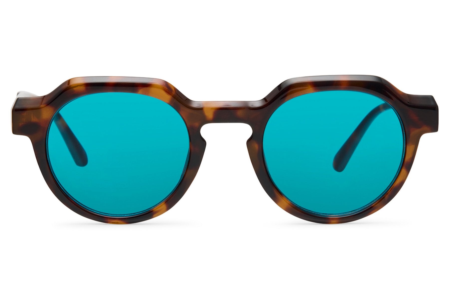 Eco chunky round geometric sunglasses tortoiseshell recycled frame teal turquoise translucent lens UV protection women men sustainable bold summer beach festival retro chic free UK Europe shipping Sunglass Station