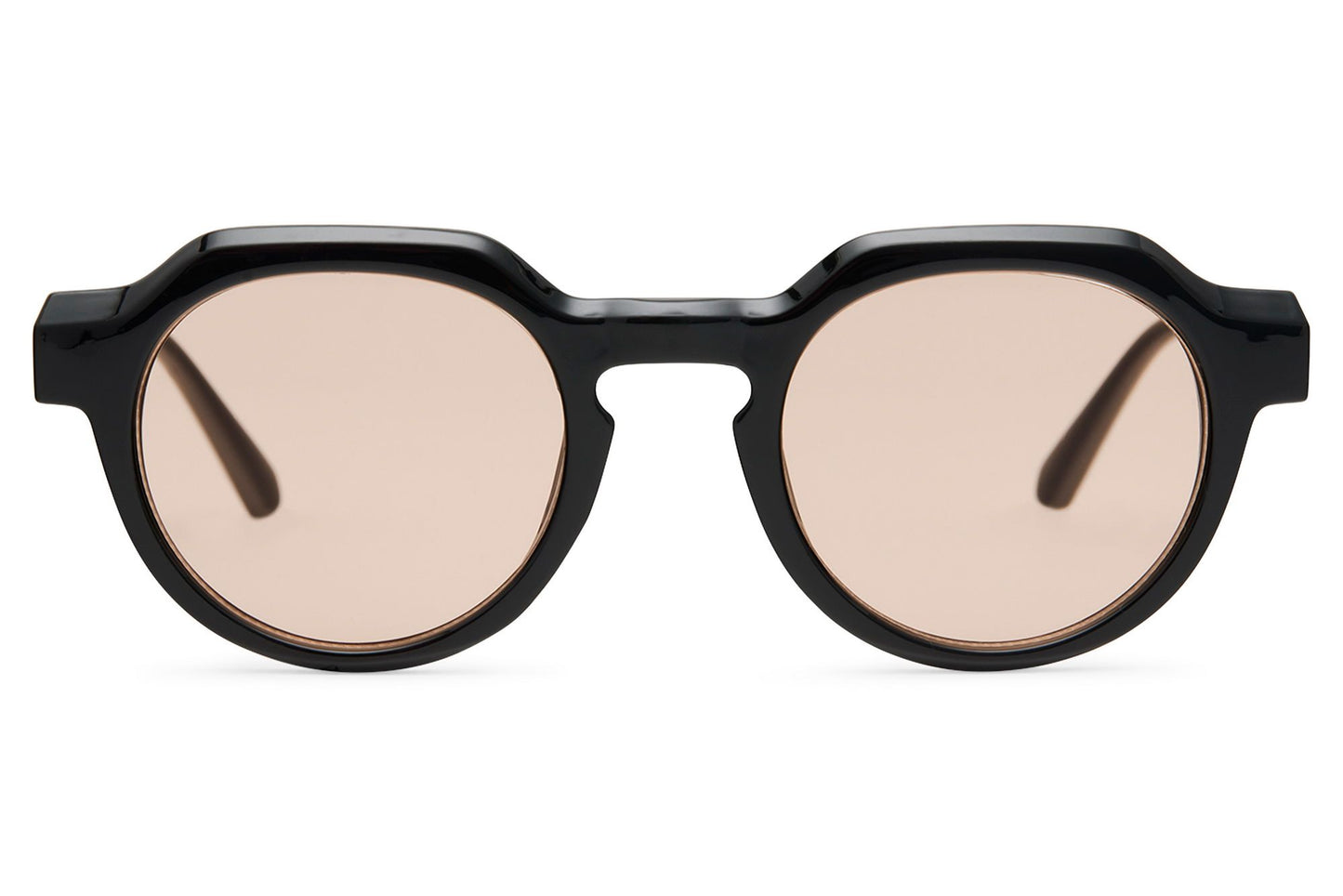 Eco chunky round sunglasses black recycled polyester thick frame pink translucent lens sustainable UV protection bold geometric retro style summer city festival free UK Europe delivery Sunglass Station
