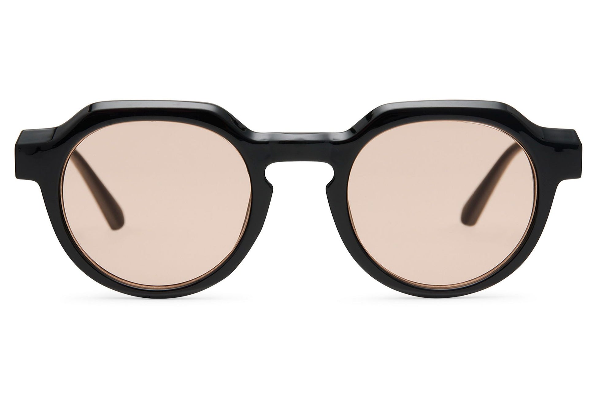 Eco chunky round sunglasses black recycled polyester thick frame pink translucent lens sustainable UV protection bold geometric retro style summer city festival free UK Europe delivery Sunglass Station