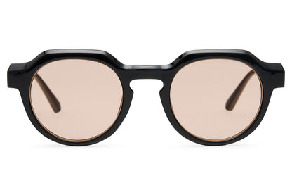 Eco chunky round sunglasses black recycled polyester thick frame pink translucent lens sustainable UV protection bold geometric retro style summer city festival free UK Europe delivery Sunglass Station