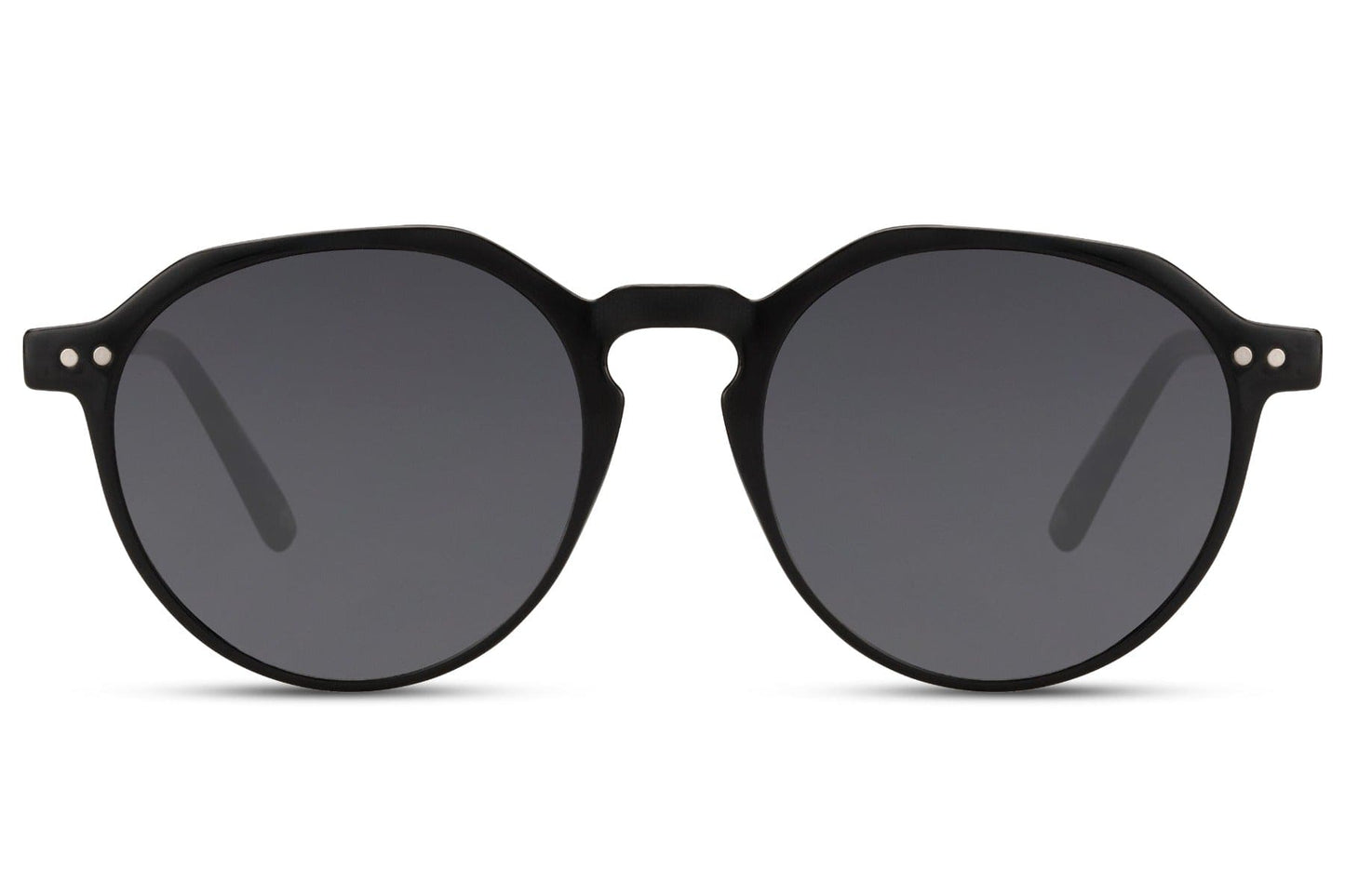 Eco frame round sunglasses black 100% recycled polyester frame smoke lens UV400 protection men women sustainable minimalist classic everyday summer city beach free UK Europe delivery Sunglass Station
