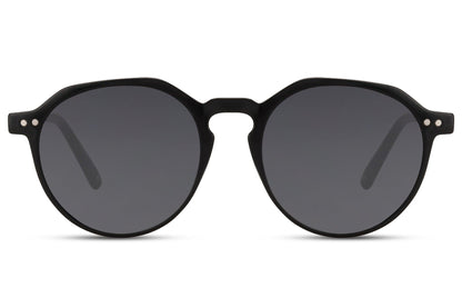 Eco frame round sunglasses black 100% recycled polyester frame smoke lens UV400 protection men women sustainable minimalist classic everyday summer city beach free UK Europe delivery Sunglass Station