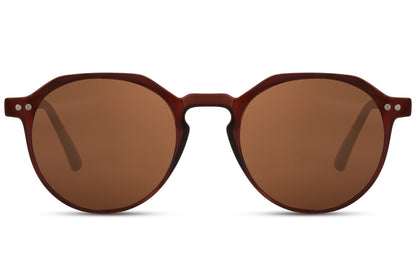 Eco frame round sunglasses brown animal print recycled frame warm brown lens UV400 protection women men sustainable elegant retro boho summer city holiday brunch free UK Europe shipping Sunglass Station
