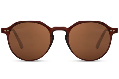 Eco frame round sunglasses brown animal print 100% recycled polyester frame warm brown lens UV400 protection women men sustainable retro boho summer festival city free UK Europe delivery Sunglass Station