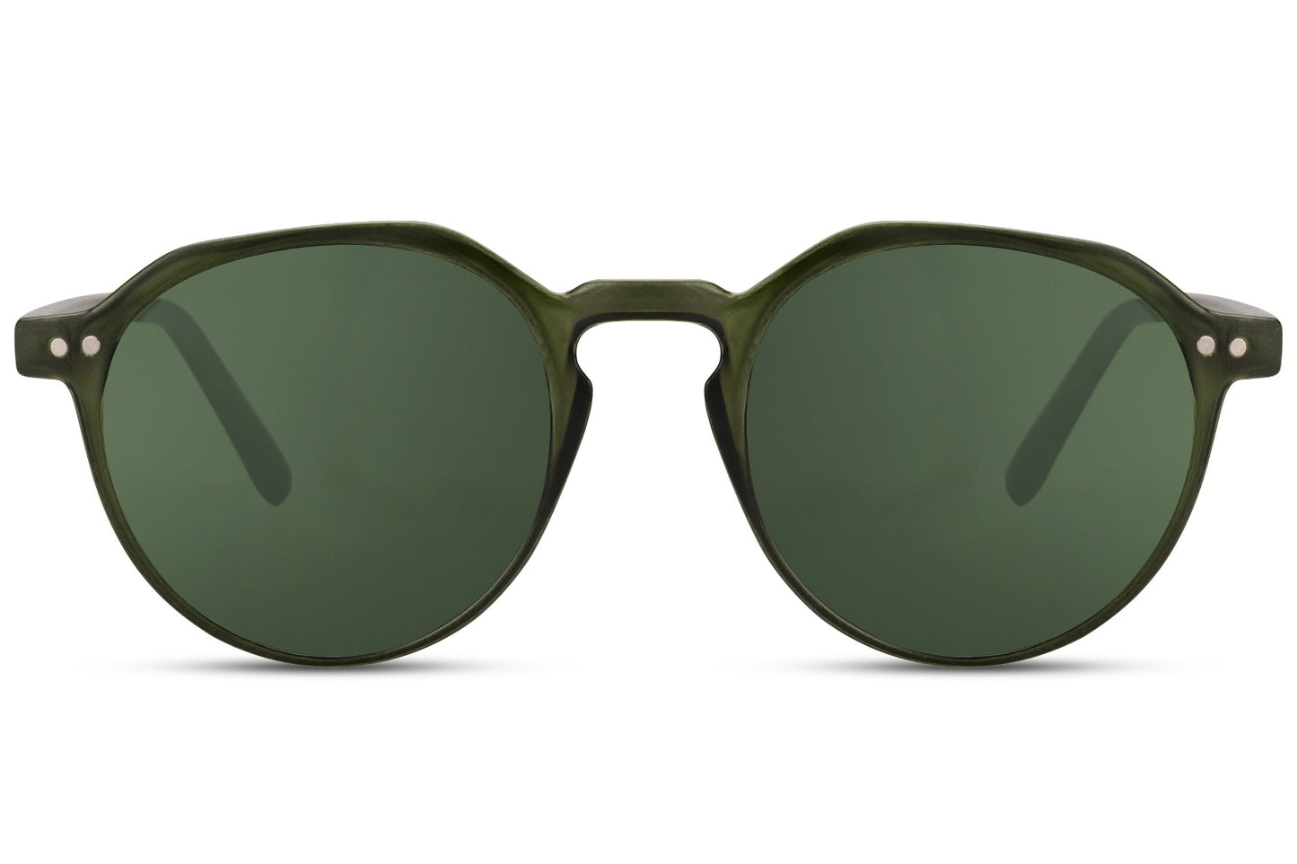 Eco frame round sunglasses dark green recycled polyester frame green lens lightweight UV400 protection men women sustainable comfortable all-day outdoor summer festival city free UK Europe delivery Sunglass Station