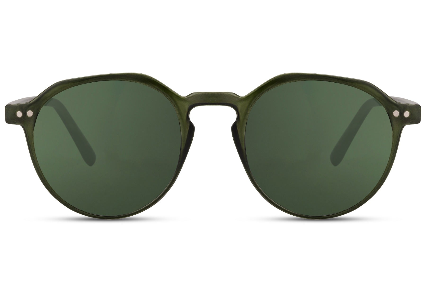 Eco frame round sunglasses dark green recycled polyester frame green lens lightweight UV400 protection men women sustainable comfortable all-day outdoor summer festival city free UK Europe delivery Sunglass Station