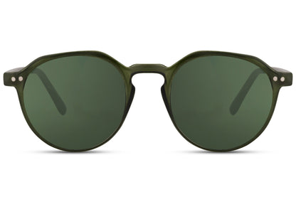 Eco frame round sunglasses dark green recycled polyester frame green lens lightweight UV400 protection men women sustainable comfortable all-day outdoor summer festival city free UK Europe delivery Sunglass Station