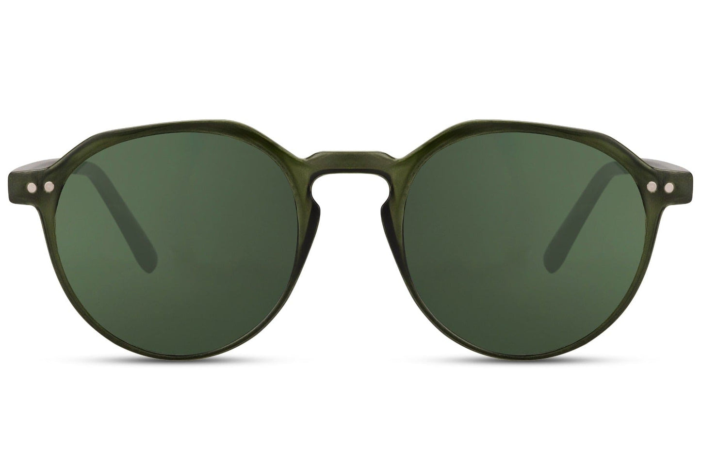 Eco frame round sunglasses dark green 100% recycled polyester frame green lens UV400 protection men women sustainable retro outdoor summer festival city holiday free UK Europe shipping Sunglass Station