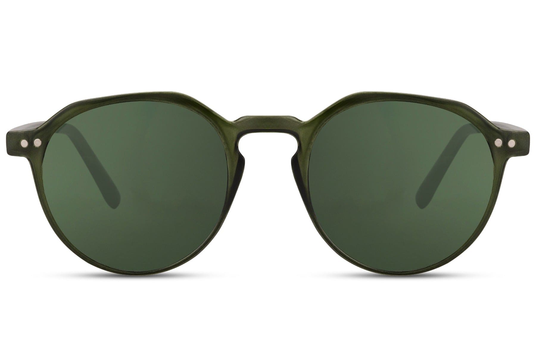 Eco frame round sunglasses dark green 100% recycled polyester frame green lens UV400 protection men women sustainable retro outdoor summer festival city holiday free UK Europe shipping Sunglass Station