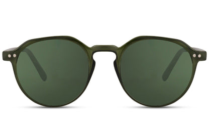 Eco frame round sunglasses dark green 100% recycled polyester frame green lens UV400 protection men women sustainable retro outdoor summer festival city holiday free UK Europe shipping Sunglass Station