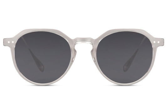 Eco frame round sunglasses white grey 100% recycled polyester frame black smoke lens UV400 protection men women sustainable minimalist everyday summer city beach free UK Europe delivery Sunglass Station