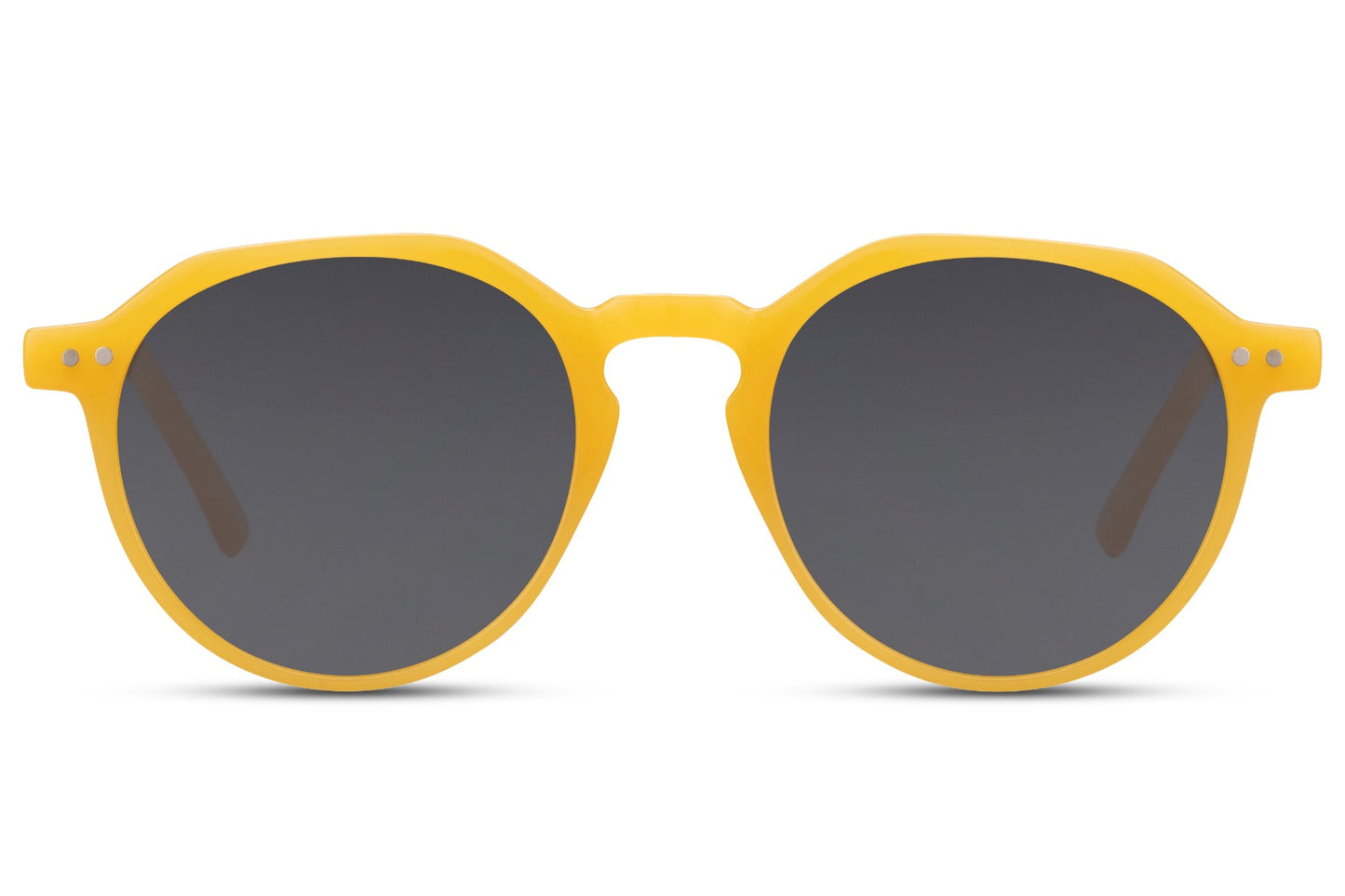 Eco frame round sunglasses yellow recycled polyester frame smoke lens sustainable UV400 protection men women bold statement summer festival beach city eyewear free UK Europe delivery Sunglass Station