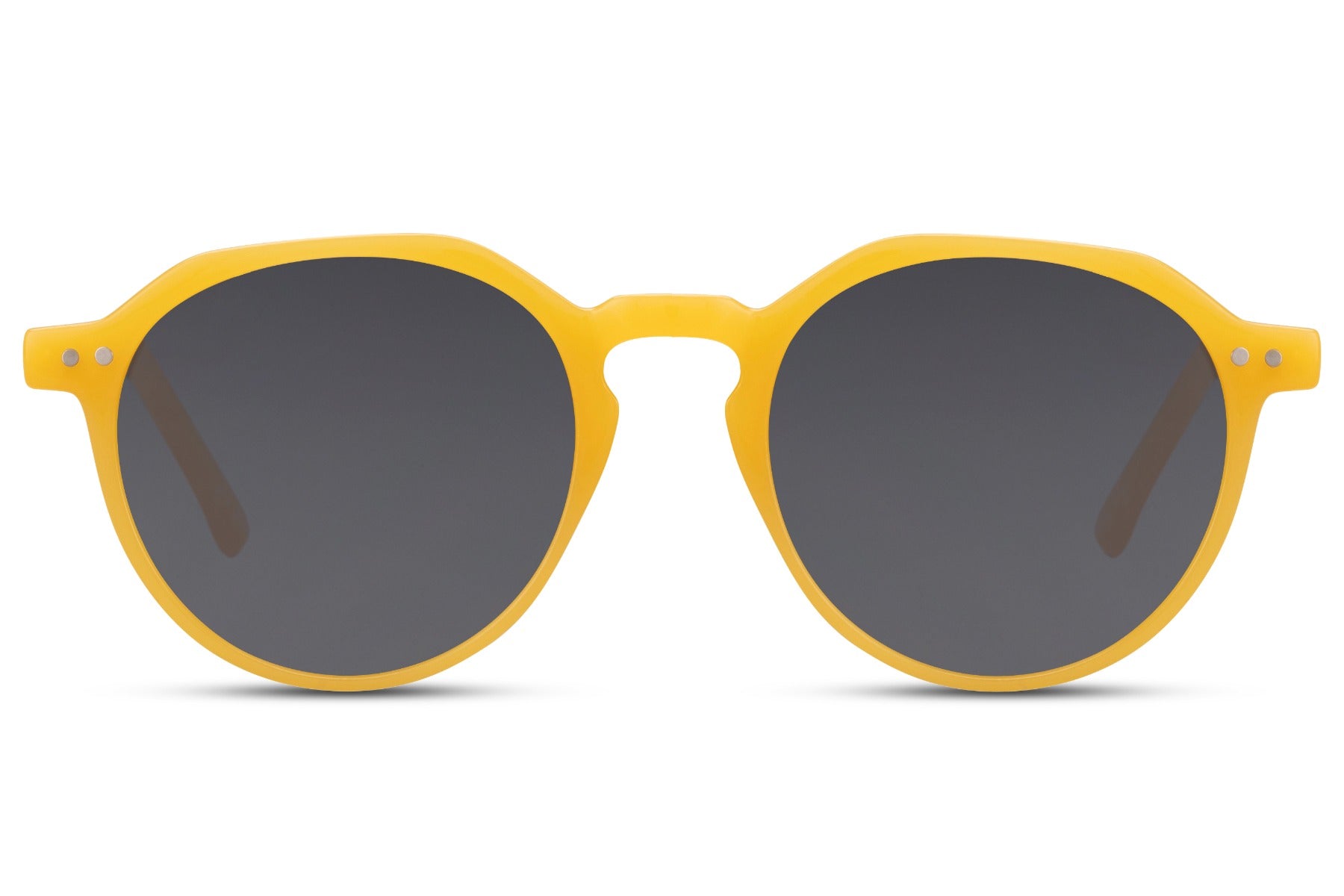 Eco frame round sunglasses yellow recycled polyester frame smoke lens sustainable UV400 protection men women bold statement summer festival beach city eyewear free UK Europe delivery Sunglass Station