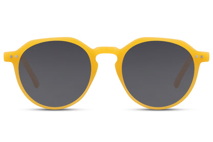 Eco frame round sunglasses yellow recycled polyester frame smoke lens sustainable UV400 protection men women bold statement summer festival beach city eyewear free UK Europe delivery Sunglass Station