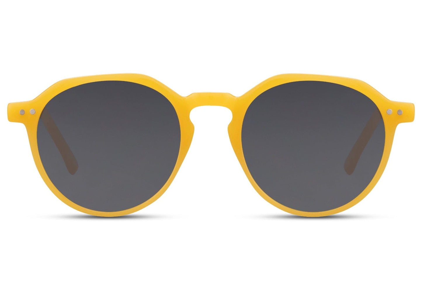 Eco frame round sunglasses yellow 100% recycled polyester frame black smoke lens UV400 protection men women bold sustainable summer festival city beach eyewear free UK Europe shipping Sunglass Station