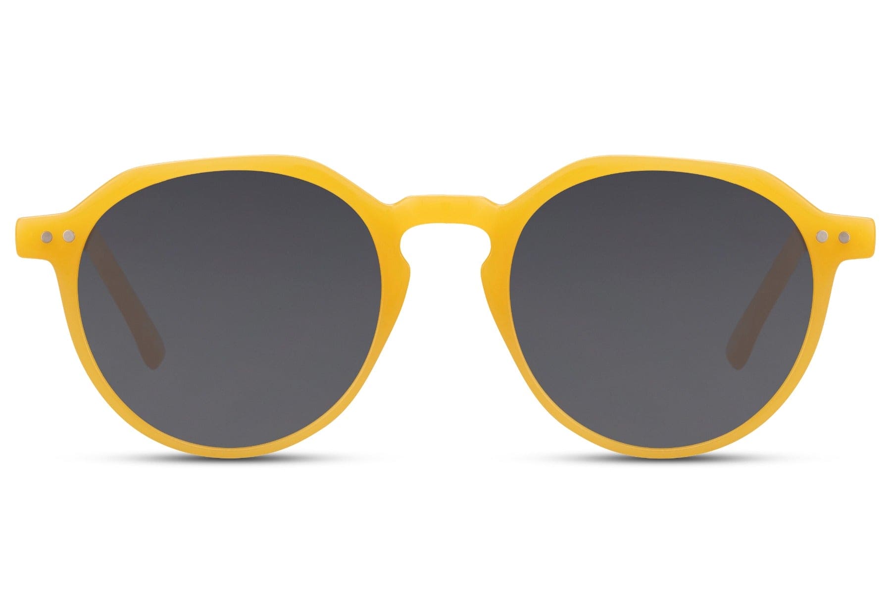 Eco frame round sunglasses yellow 100% recycled polyester frame black smoke lens UV400 protection men women bold sustainable summer festival city beach eyewear free UK Europe shipping Sunglass Station