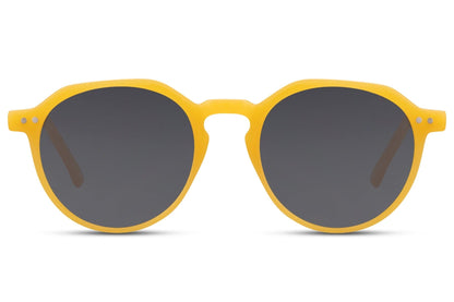 Eco frame round sunglasses yellow 100% recycled polyester frame black smoke lens UV400 protection men women bold sustainable summer festival city beach eyewear free UK Europe shipping Sunglass Station